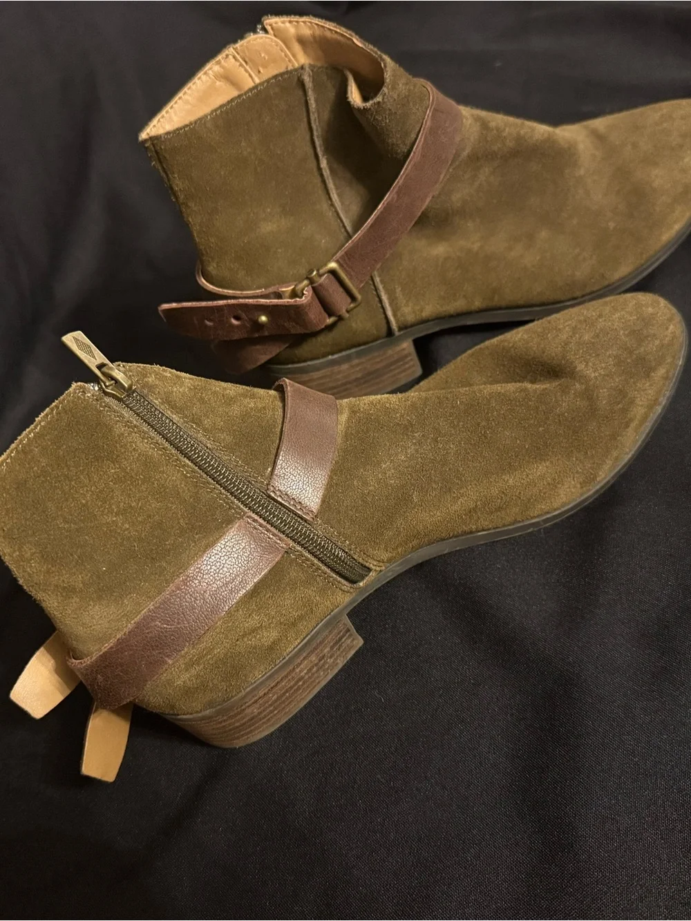 American Rag Brianna Olive Suede Ankle Boots with Brown Strap
